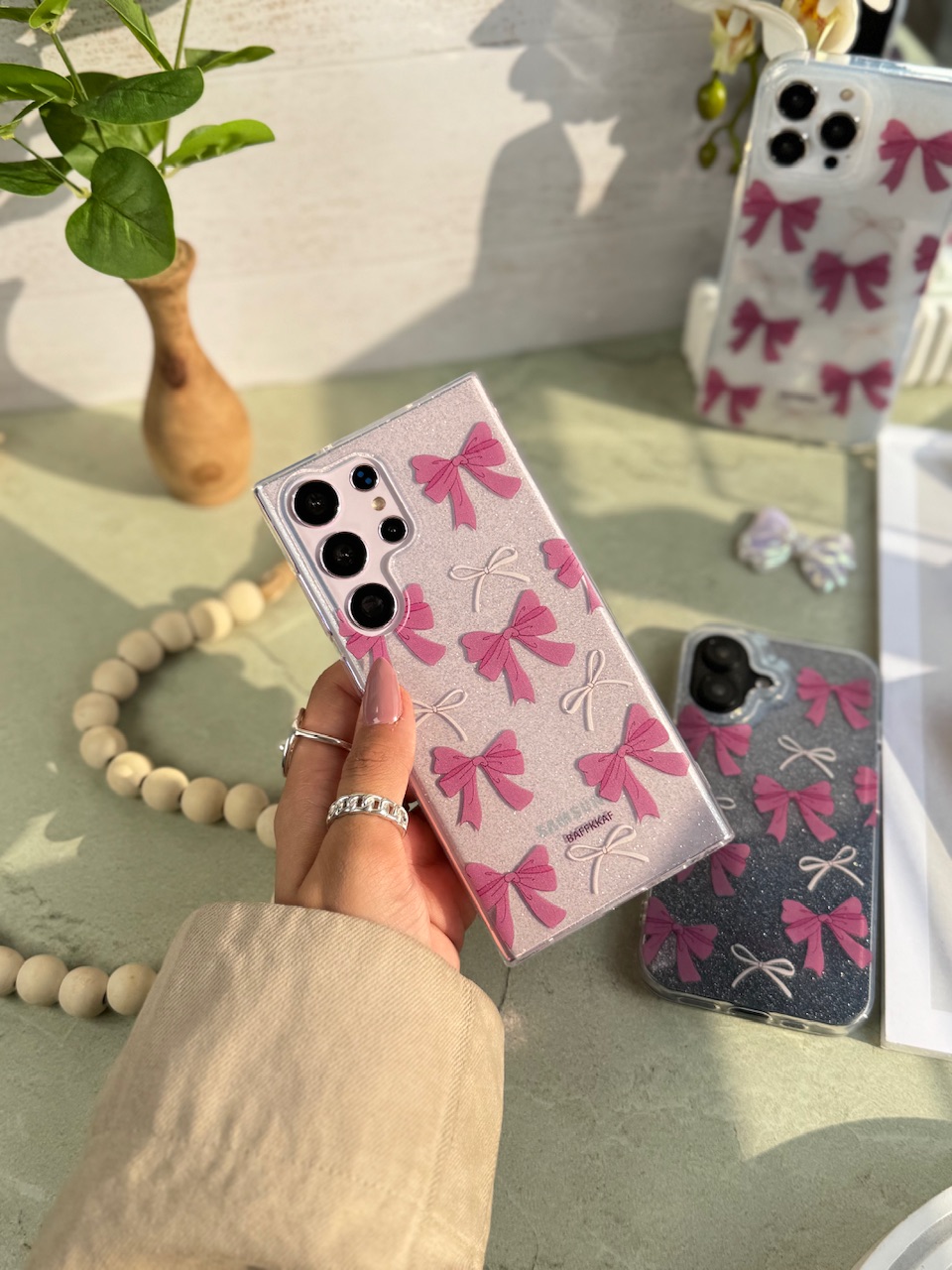 قاب پاپیون صورتی اکلیلی پشت طلق آیفون ، سامسونگ ، شیائومی (کدC1886) - تصویر 4