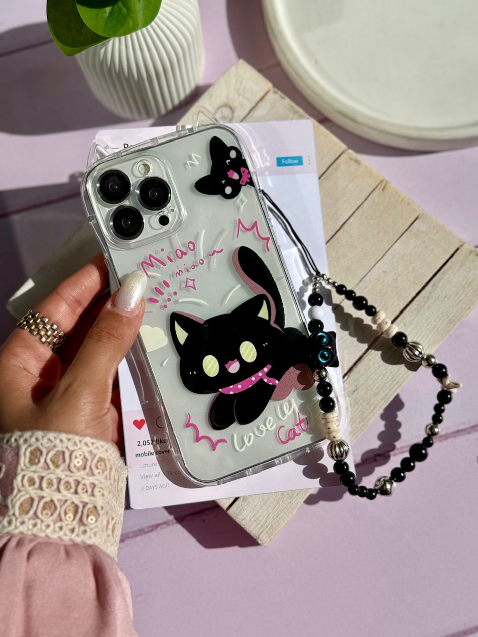 قاب گربه مشکی گوش دار با آویز (کدC2131)