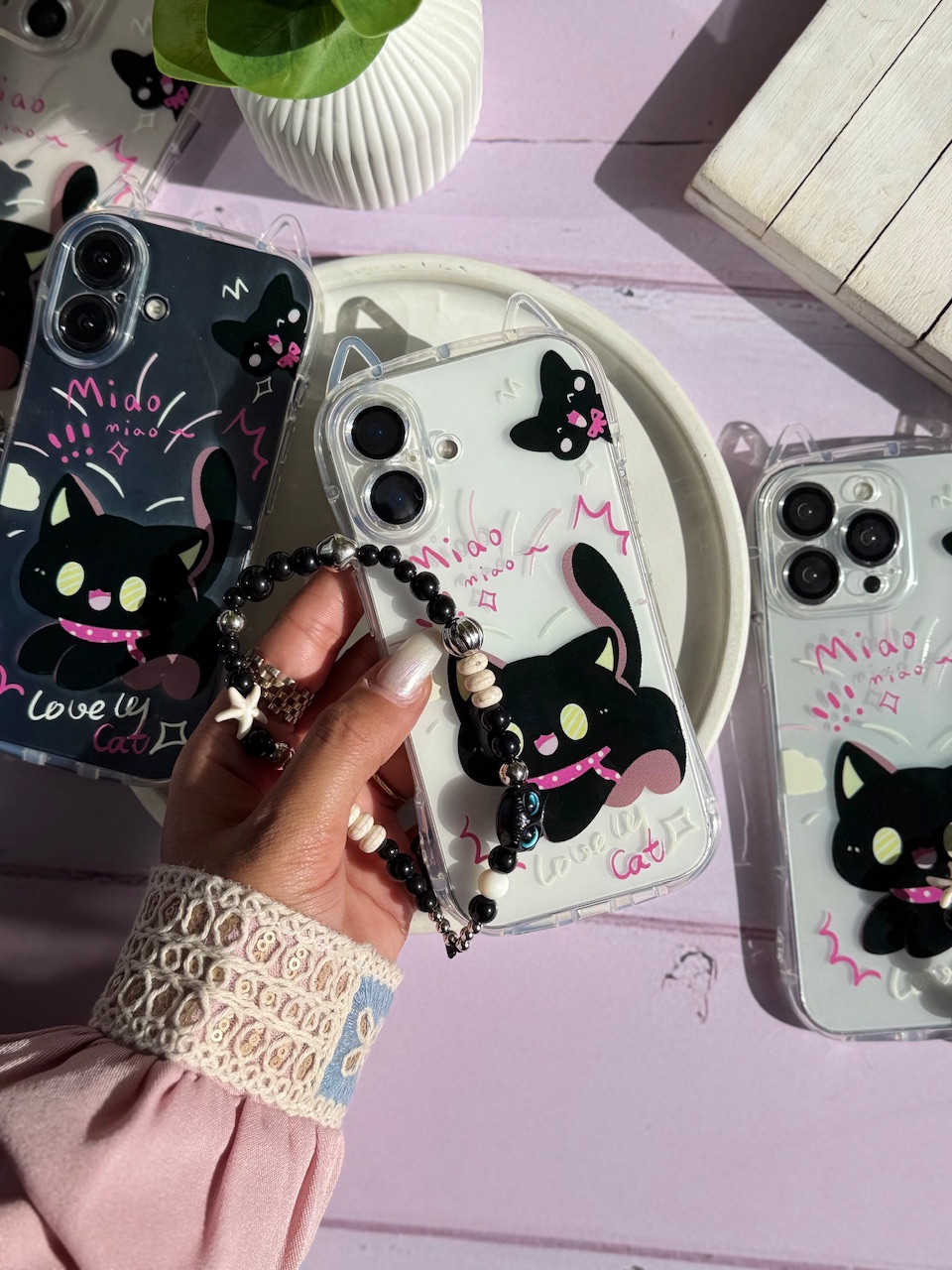 قاب گربه مشکی گوش دار با آویز (کدC2131) - تصویر 4