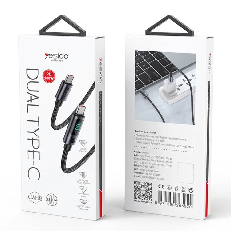 کابل شارژ سریع یسیدو Yesido CA158 Type‑C وات Type‑C 100 به طول 1.2 متر