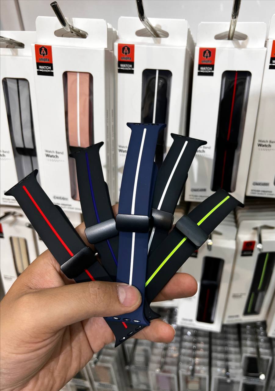 بند سیلیکونی اپل واچ با قفل مگنتی کلیپسی خطدار مناسب سایز 38 تا 49 میلیمتر