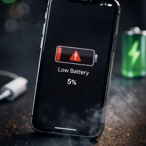 نمای نزدیک یک آیفون روی سطح تاریک، نمایشگر گوشی هشدار «Low Battery» با ۵٪ شارژ را نشان می‌دهد. در پس‌زمینه، یک شارژر جدا شده و یک آیکون باتری سبز با رعد و برق دیده می‌شوند. لوگوی Novacase.ir در پایین تصویر قرار دارد.