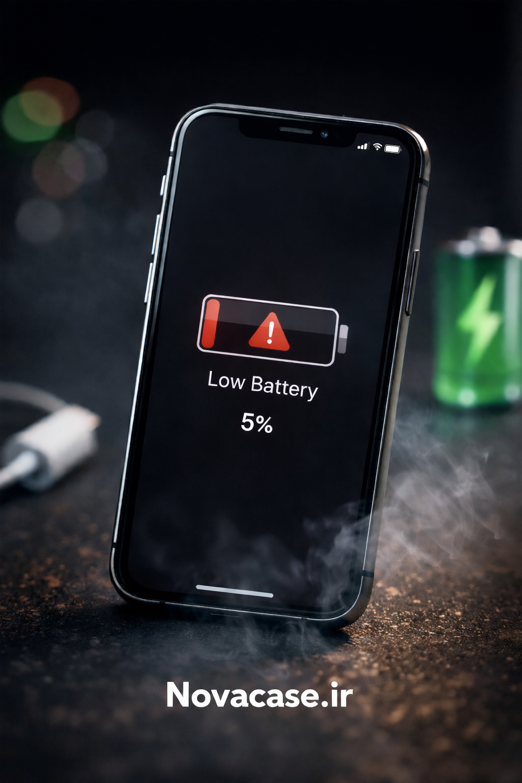 نمای نزدیک یک آیفون روی سطح تاریک، نمایشگر گوشی هشدار «Low Battery» با ۵٪ شارژ را نشان می‌دهد. در پس‌زمینه، یک شارژر جدا شده و یک آیکون باتری سبز با رعد و برق دیده می‌شوند. لوگوی Novacase.ir در پایین تصویر قرار دارد.